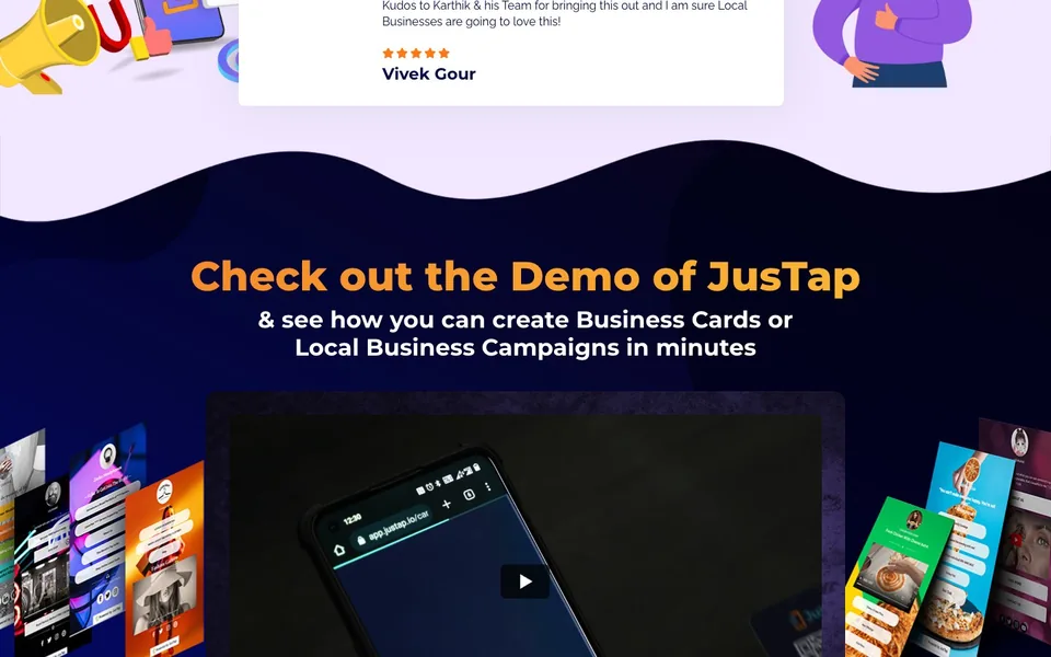JusTap sales page, the demo section, designed by Amit Verma