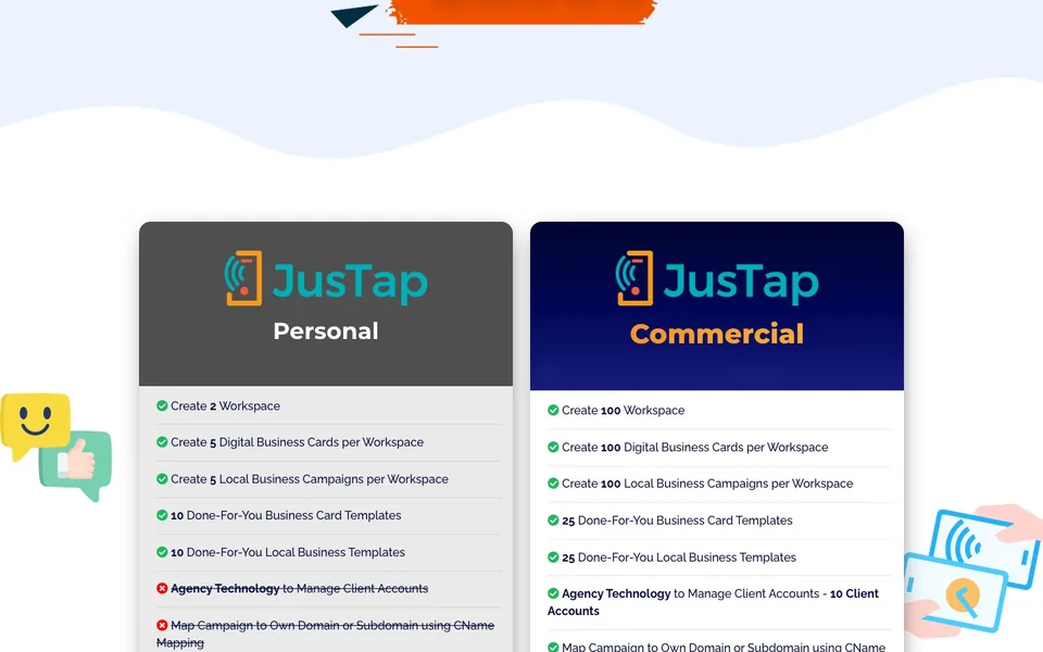 JusTap sales page, personal vs commercial section, designed by Amit Verma