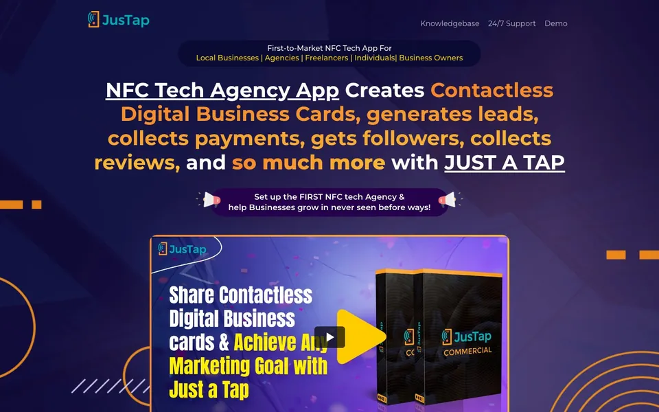 JusTap sales page: hero section