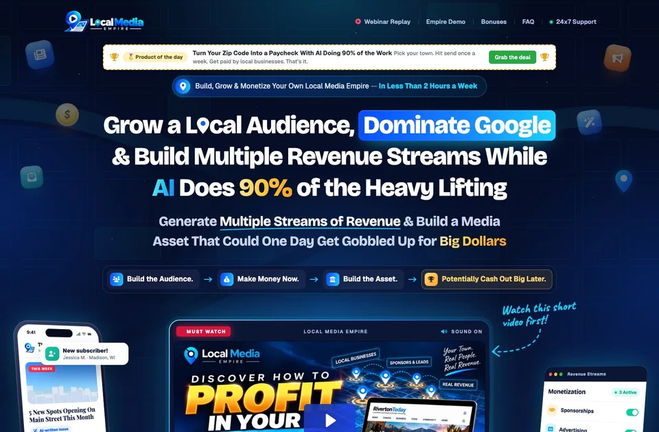 Local Media Empire sales page designed by Amit Verma, night blue theme