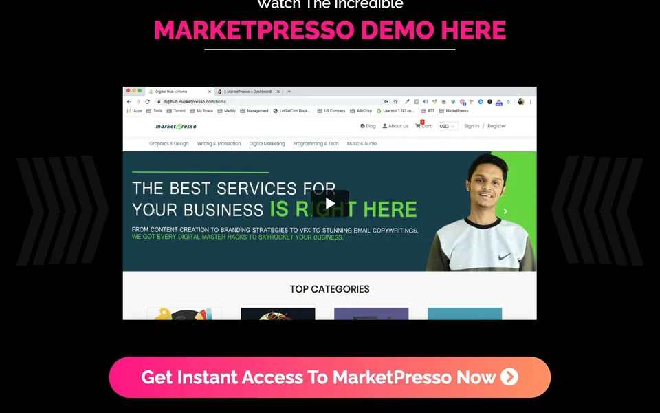 MarketPresso sales page: the demo section