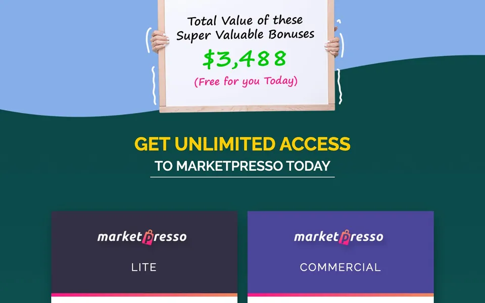 MarketPresso sales page: bonuses and plans section