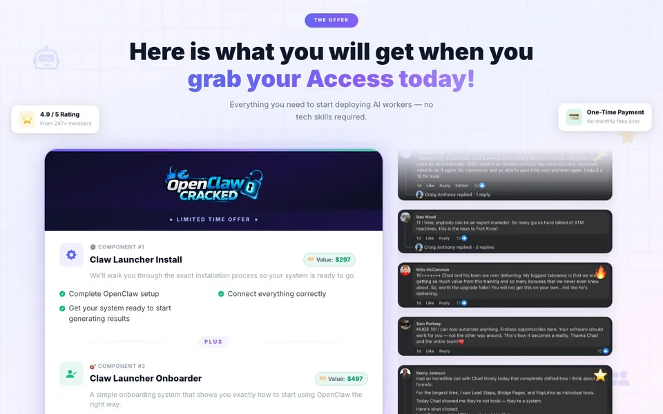 OpenClaw Cracked sales page, what you get section, designed by Amit Verma