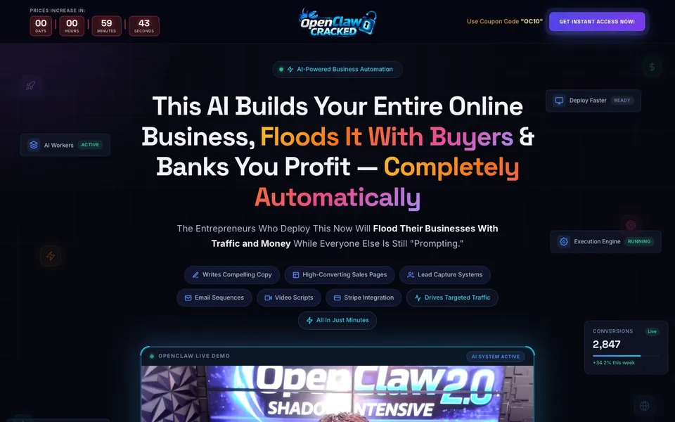 OpenClaw Cracked sales page: hero section