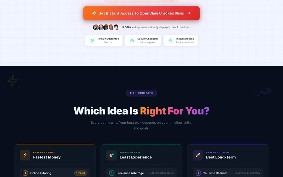 OpenClaw Cracked sales page: pick your path section