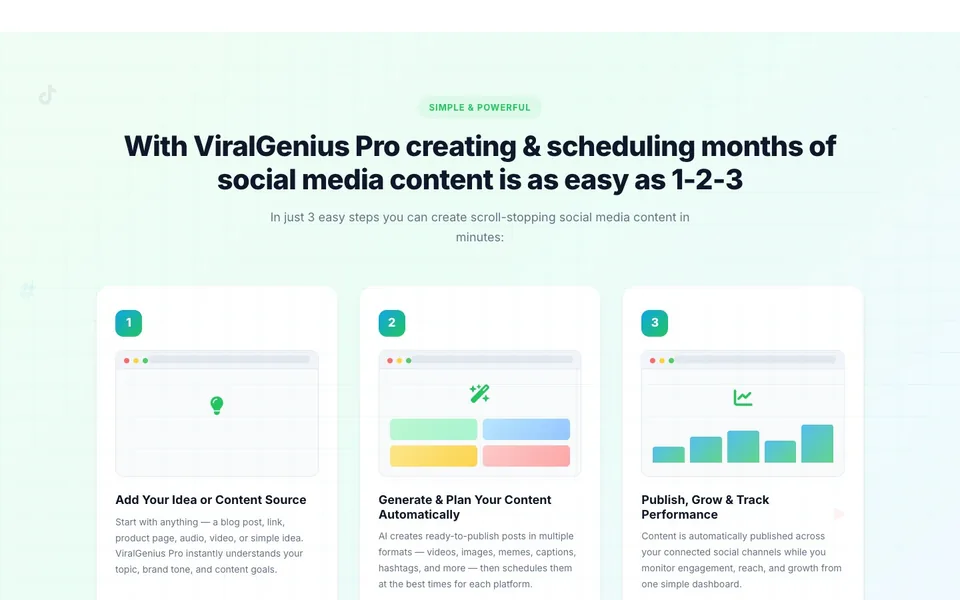 ViralGenius sales page, 3 easy steps section, designed by Amit Verma