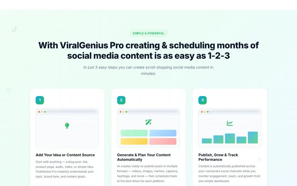 ViralGenius sales page: 1-2-3 section