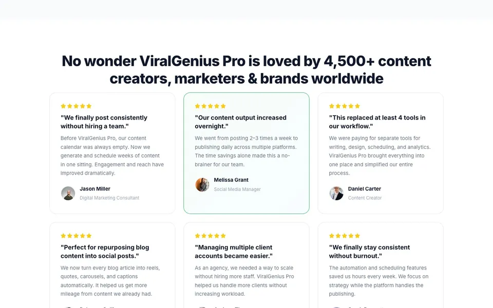 ViralGenius sales page: loved by creators section